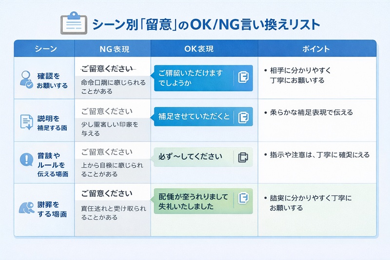 シーン別「留意」のOK/NG言い換えリスト
