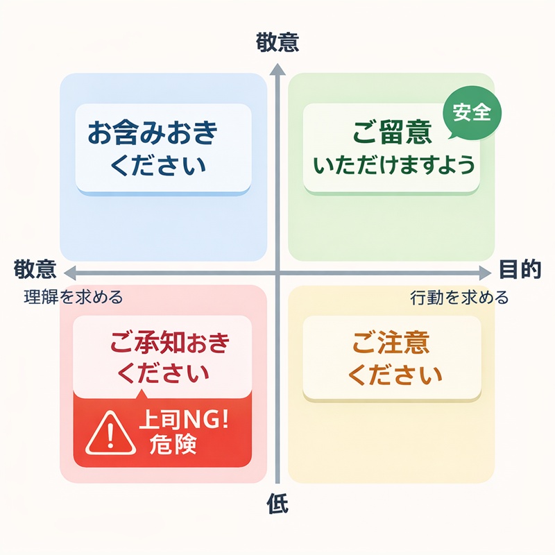 敬意レベルと目的で分類した「留意・承知・了承」の使い分けマトリクス図