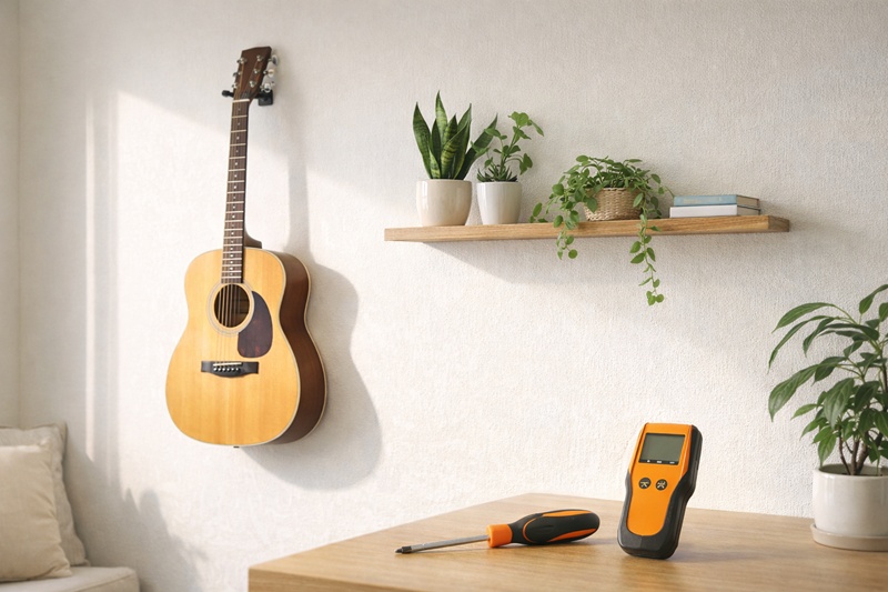 石膏ボードの壁に取り付けられたギターと飾り棚。DIYで実現する理想のインテリア。