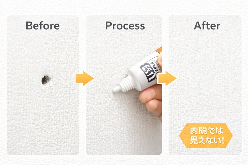 石膏ボードの穴埋め補修ビフォーアフター。ねじパテを使用することで、穴が完全に目立たなくなる様子。