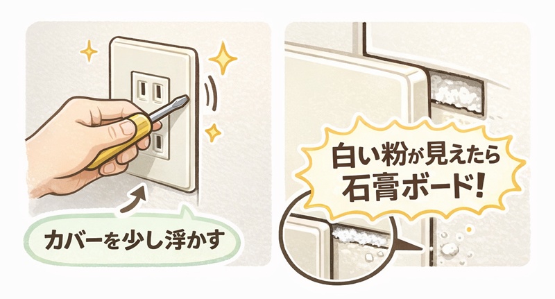 コンセントプレートを外して壁の材質を確認する方法。隙間から石膏の白い粉が見える様子。