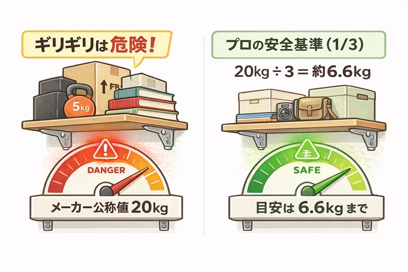 石膏ボードアンカーの耐荷重と安全率の図解。公称値の3分の1を目安にすることで、地震や振動に耐えられることを説明。