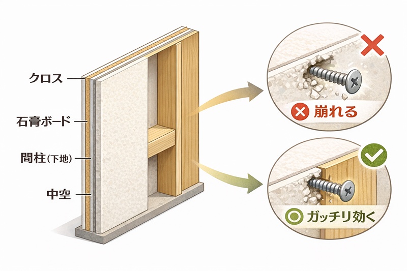 石膏ボードの壁の断面図。間柱がある部分と空洞部分の違い、ネジが効かない仕組みの解説。