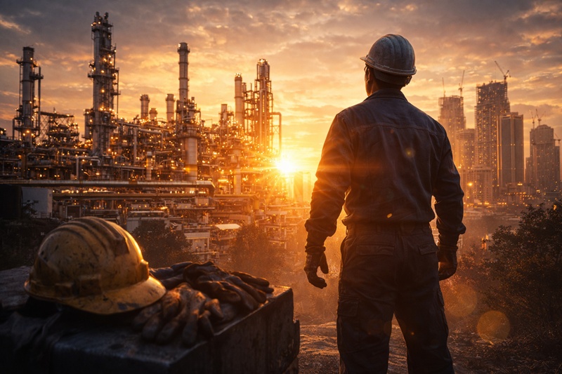 夕日に輝くプラントを見上げる工場作業員。現場仕事の誇りと将来への希望を象徴するイメージ。