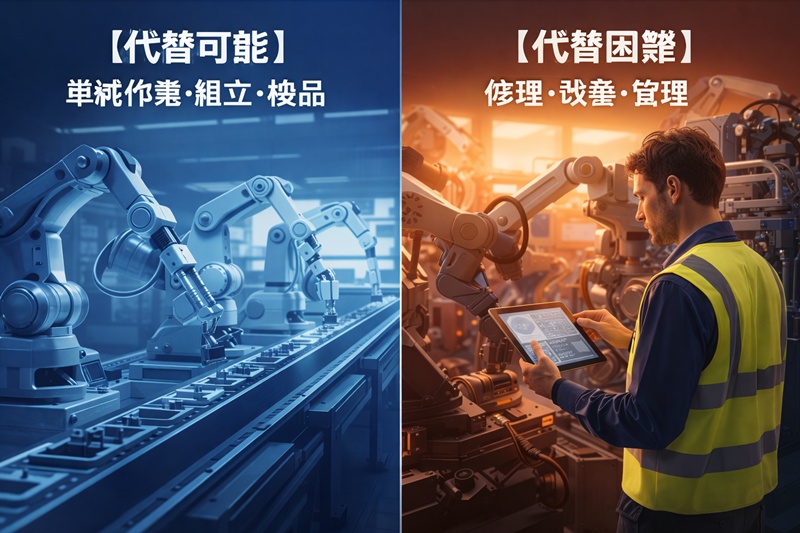 AI・ロボットに代替される単純作業と、代替されない高度な保全・管理業務の対比図。