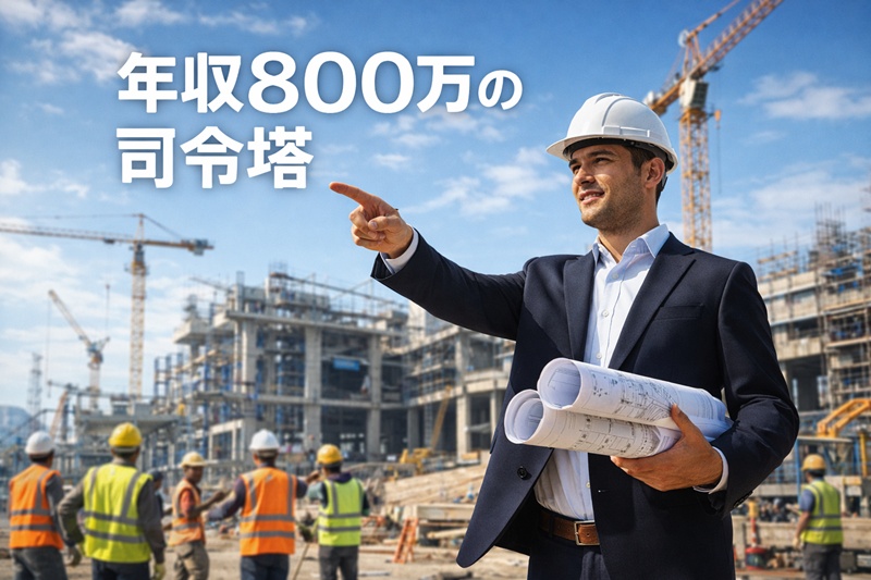 大規模な建設現場で指揮を執る施工管理技士。現場経験を活かして高年収とリーダーシップを発揮するキャリアの成功イメージ。