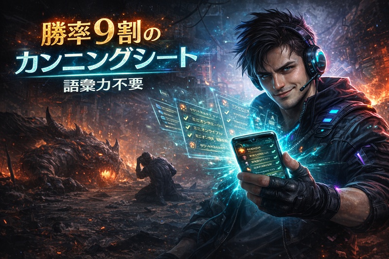 スマホでしりとりバトルの攻略情報を見ながら、格上の対戦相手を圧倒するプレイヤーのイラスト。