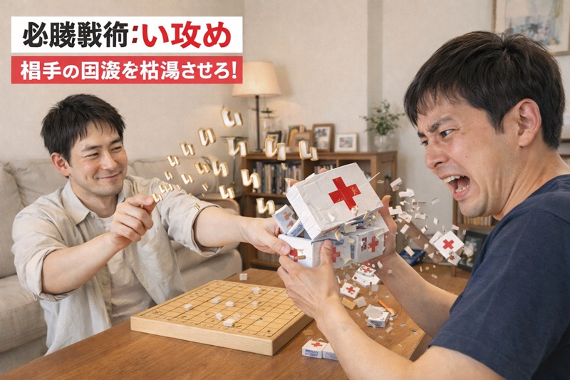 しりとりバトルの「い攻め」戦術のイメージ図。相手に医療タイプを強制使用させ、回復回数を枯渇させる様子。