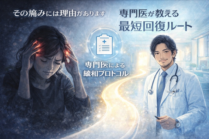 コロナによる激しい頭痛に悩む女性と、解決策を提示する脳神経外科医のイメージ図。