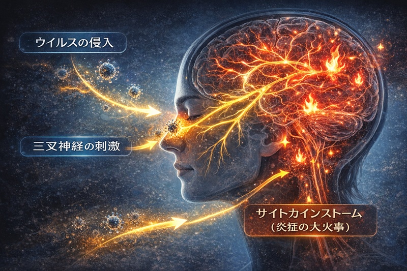 新型コロナウイルスが三叉神経を刺激し、サイトカインストームによって脳血管周囲に炎症を引き起こす仕組みの図解。