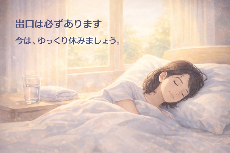 正しいケアを行い、安心して療養する女性のイメージ。回復への希望を象徴。