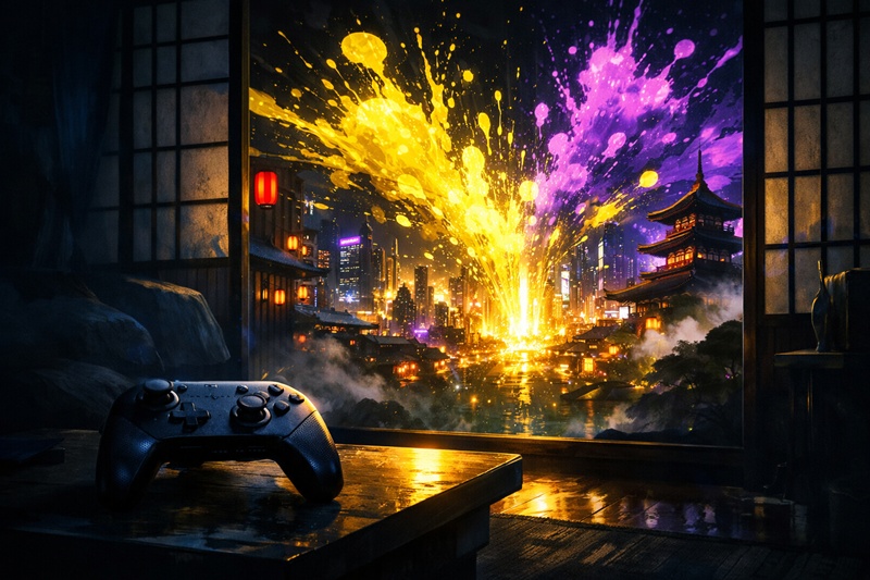 暗い部屋から鮮やかなスプラトゥーンの未来を見つめるイメージ。Switch 2への期待と希望。