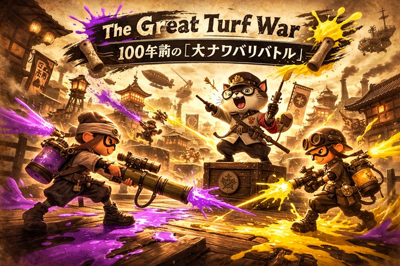 100年前の大ナワバリバトルのイメージ図。竹筒銃やレトロな兵器で戦うイカたち。