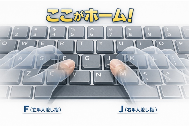 キーボードのホームポジション解説図。FキーとJキーにある突起に人差し指を置くことが基本姿勢。
