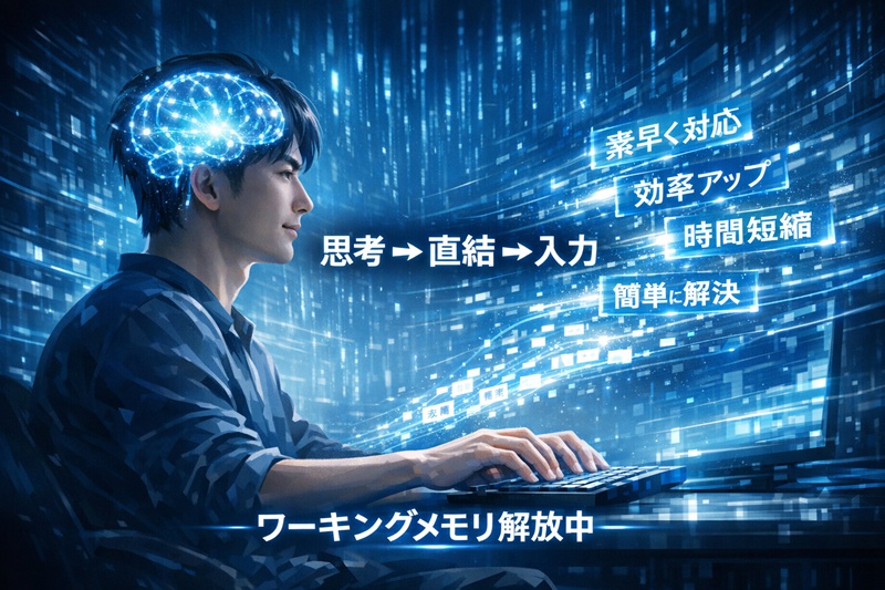 タイピング上級者の脳内イメージ。文字単位ではなく単語・意味単位で認識し、思考と入力が直結している「ワーキングメモリ解放」の状態。