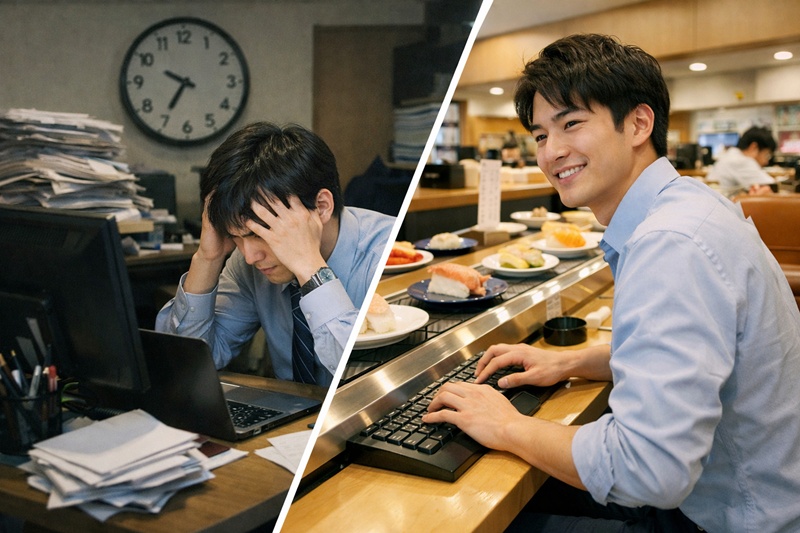 仕事が遅い悩みを抱える若手社員が、タイピングゲーム「寿司打」を通じて業務効率化を実現するイメージイラスト。