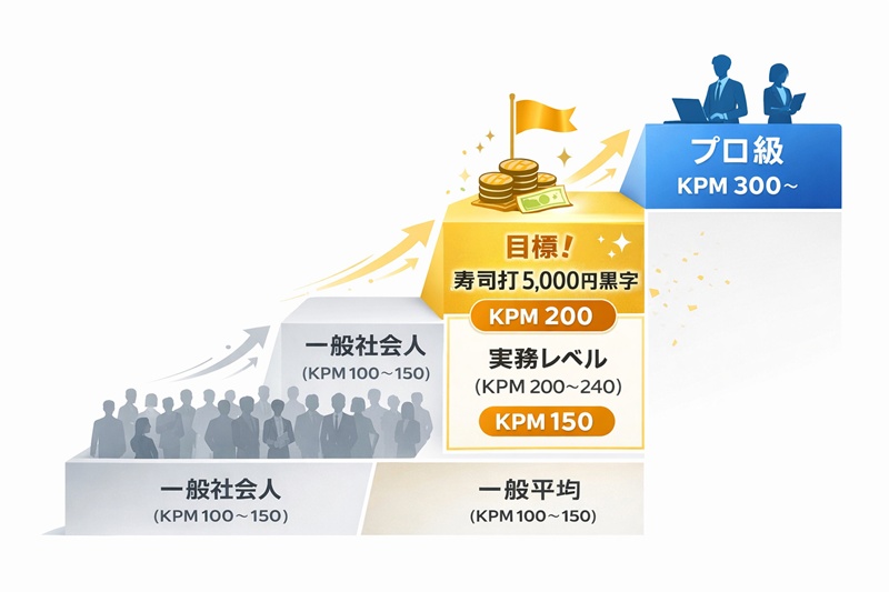 タイピング速度KPMと実務レベルの相関図。寿司打5000円コース黒字化はKPM200相当で、実務で困らないレベルとされる。