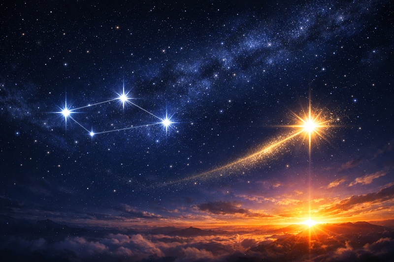 夜空に輝く4つの星の絆と、新たな夜明けに向かう一筋の光。寺西拓人と仲間たちの物語を象徴。