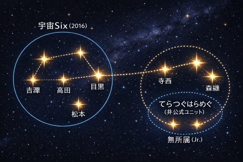 宇宙Sixのメンバー枠外にいる寺西拓人が、目黒蓮や原嘉孝と「てらつぐはらめぐ」という非公式ユニットで繋がっている相関図。