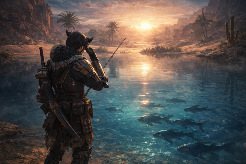 砂漠のオアシスで釣りをするハンター。コモチアミアが釣れずに困っている様子。