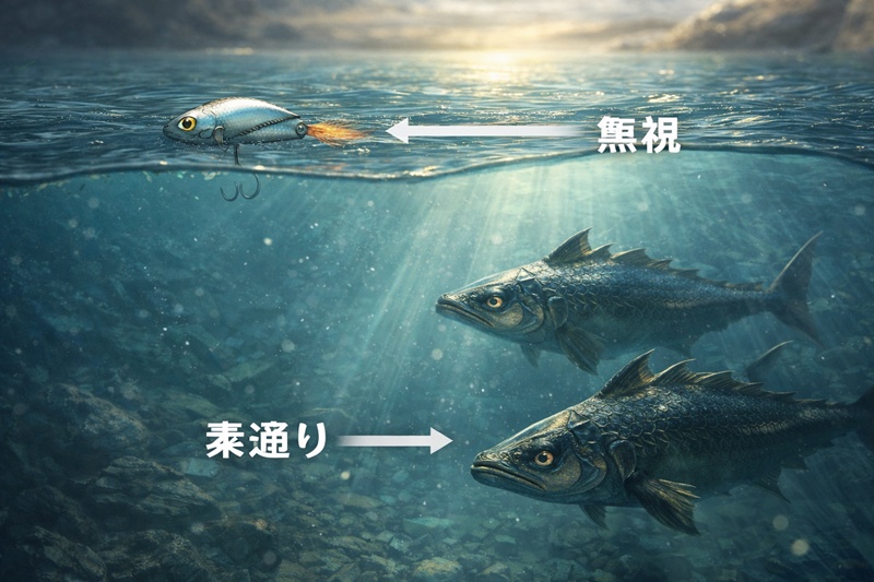 ルアーに反応せず素通りするコモチアミア。ただ投げただけでは釣れない様子。