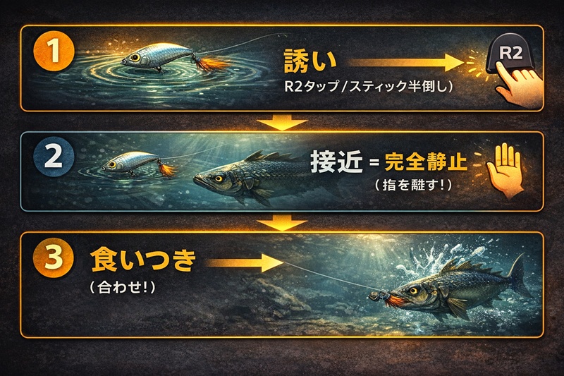 コモチアミアを釣るための遅巻き3ステップ。誘い、静止、合わせの手順図解。