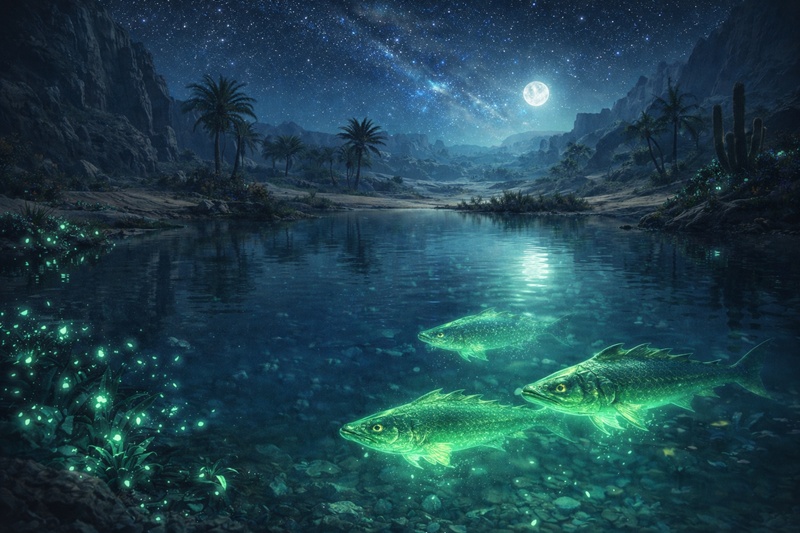 夜の隔ての砂原オアシス。水中で発光するコモチアミアの魚影。