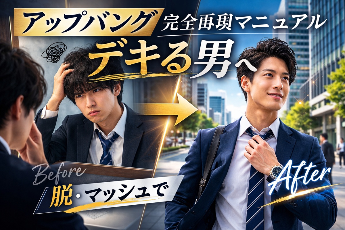 もっさりしたマッシュヘアに悩む男性が、爽やかなアップバングにヘアスタイルを変えて自信を得る様子のビフォーアフター画像。