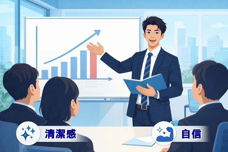 アップバングのビジネスマンが会議でプレゼンするイラスト。「清潔感」と「自信」がビジネスシーンで有利に働くことを示唆。