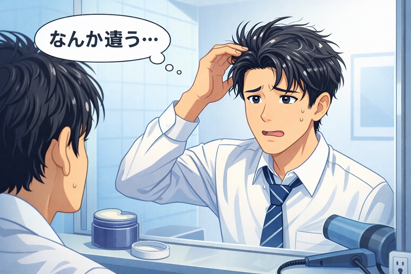 ワックスの付けすぎでアップバングのセットに失敗し、悩んでいる男性のイラスト。失敗の原因がドライヤーの不使用にあることを示唆。