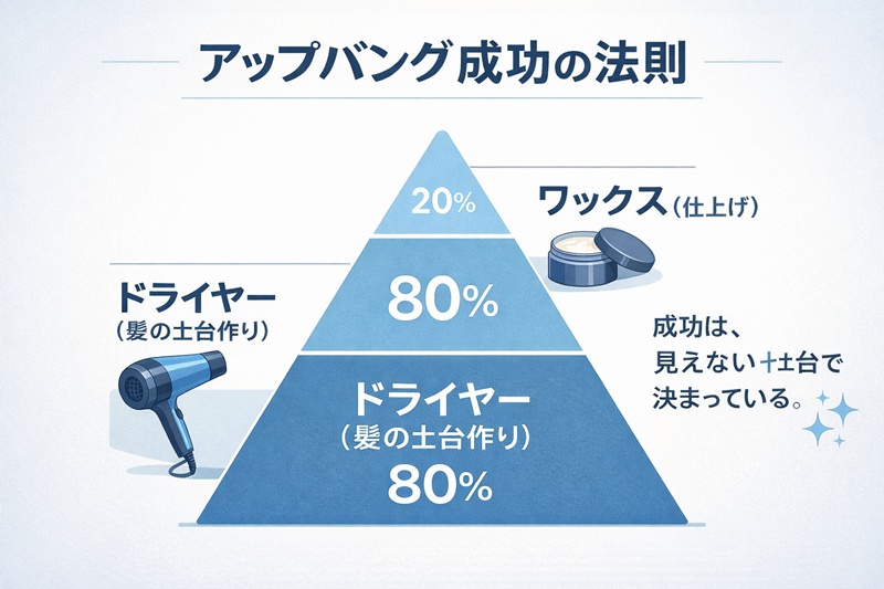 スタイリングの重要度を示したピラミッド図。土台の80%がドライヤー、その上の20%がワックスとなっており、ドライヤーでの土台作りの重要性を示している。