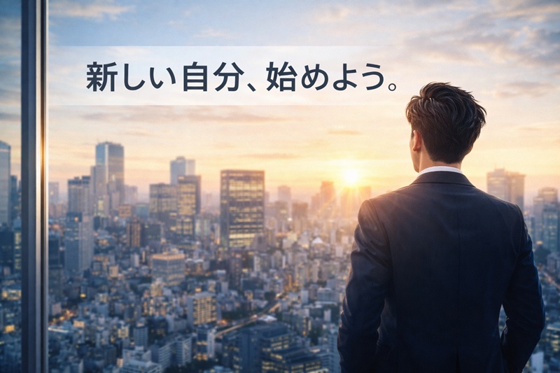 アップバングにした青年が、自信に満ちた様子で街を眺めている後ろ姿。新しい自分の始まりを象徴している。