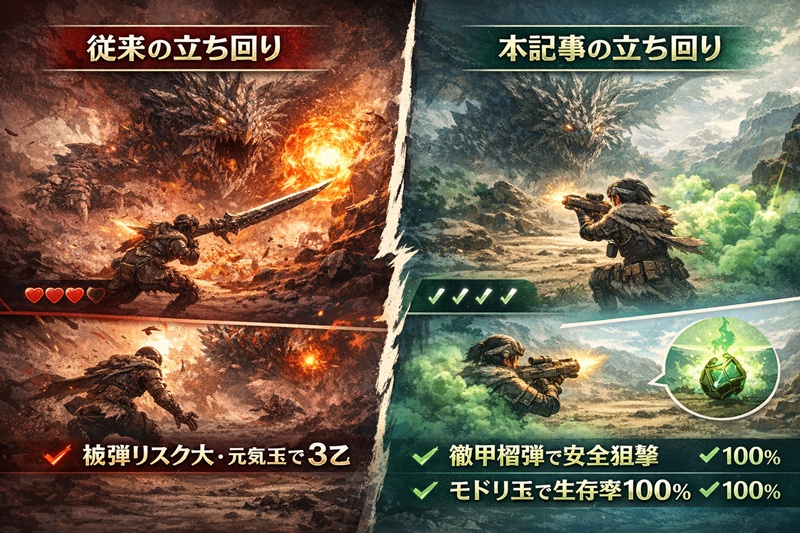 従来の近接武器での立ち回りと、徹甲榴弾およびモドリ玉を使用した安全な立ち回りの比較図