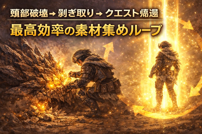 アンイシュワルダの頭部を破壊し、慈眼殻を剥ぎ取ってクエストから帰還する最高効率ループのイメージ