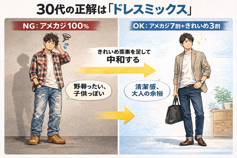 アメカジ100%のNGコーディネートと、きれいめアイテムを取り入れたドレスミックスのOKコーディネートの比較図解。アメカジ（問題）とドレスミックス（解決策）の関係性を視覚化。
