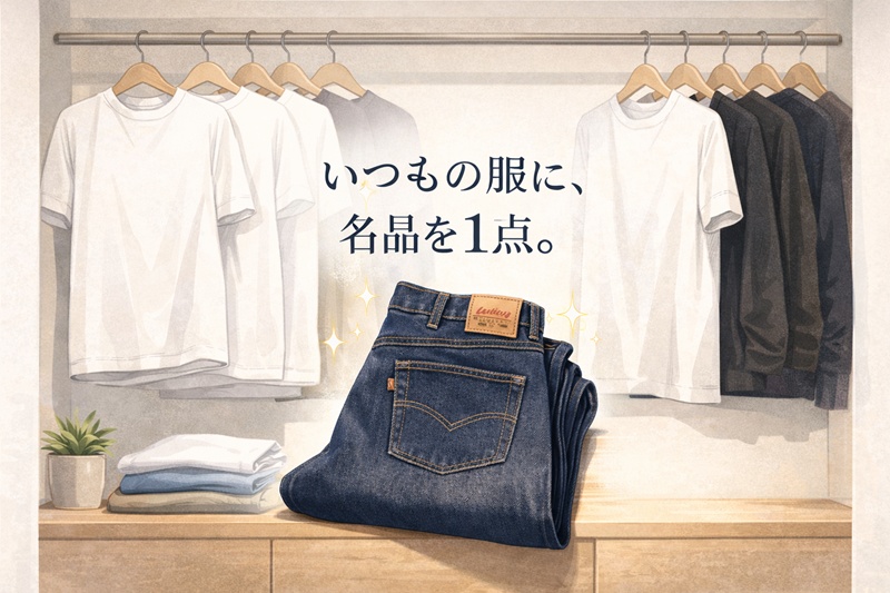 シンプルな服が並ぶクローゼットと、主役となる濃紺のデニムのイラスト。ファストファッション（土台）と名品デニム（主役）の関係性を表現。
