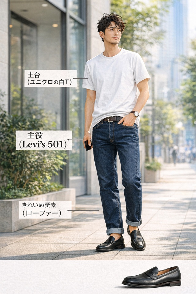 白Tシャツ（土台）に濃紺のリーバイス501（主役）、黒のローファー（きれいめ要素）を合わせた大人のドレスミックスコーディネート例。
