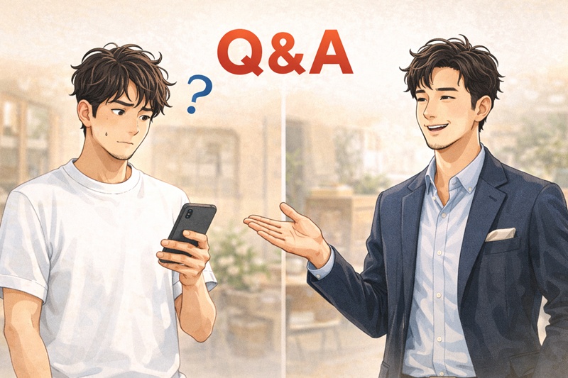 疑問を持つ読者と、それに答えるファッション専門家のイラスト。FAQセクションの導入。