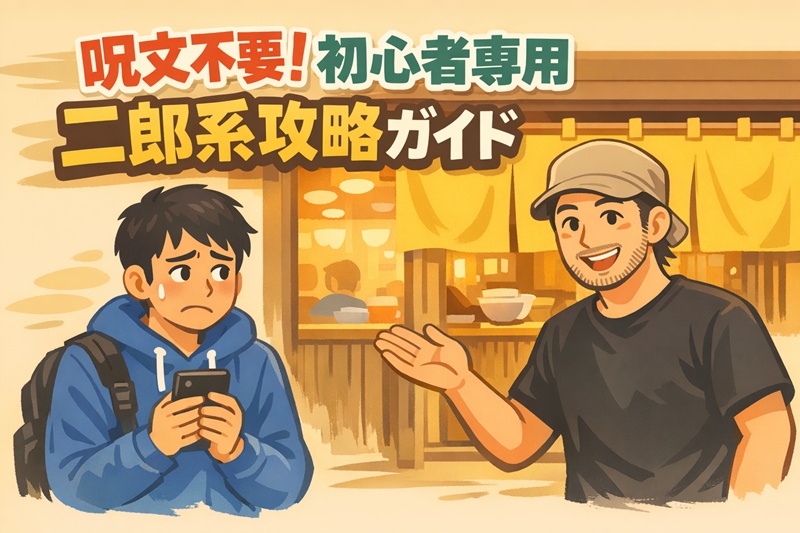 二郎系ラーメン店の前で不安な初心者を、専門家が優しくガイドしているイラスト。