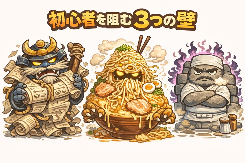 二郎系初心者が恐れるルール、量、雰囲気をコミカルなモンスターとして表現したイラスト。