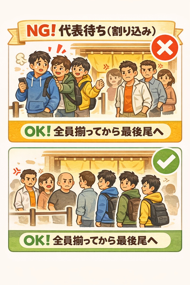 ラーメン店での代表待ちは割り込み行為であり禁止。全員揃ってから最後尾に並ぶのが正しいルール。