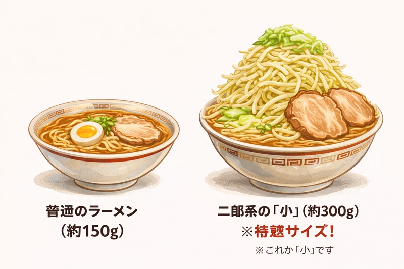 一般的なラーメンと二郎系ラーメン「小」のサイズ比較。二郎系の小は一般的な大盛り以上の量がある。