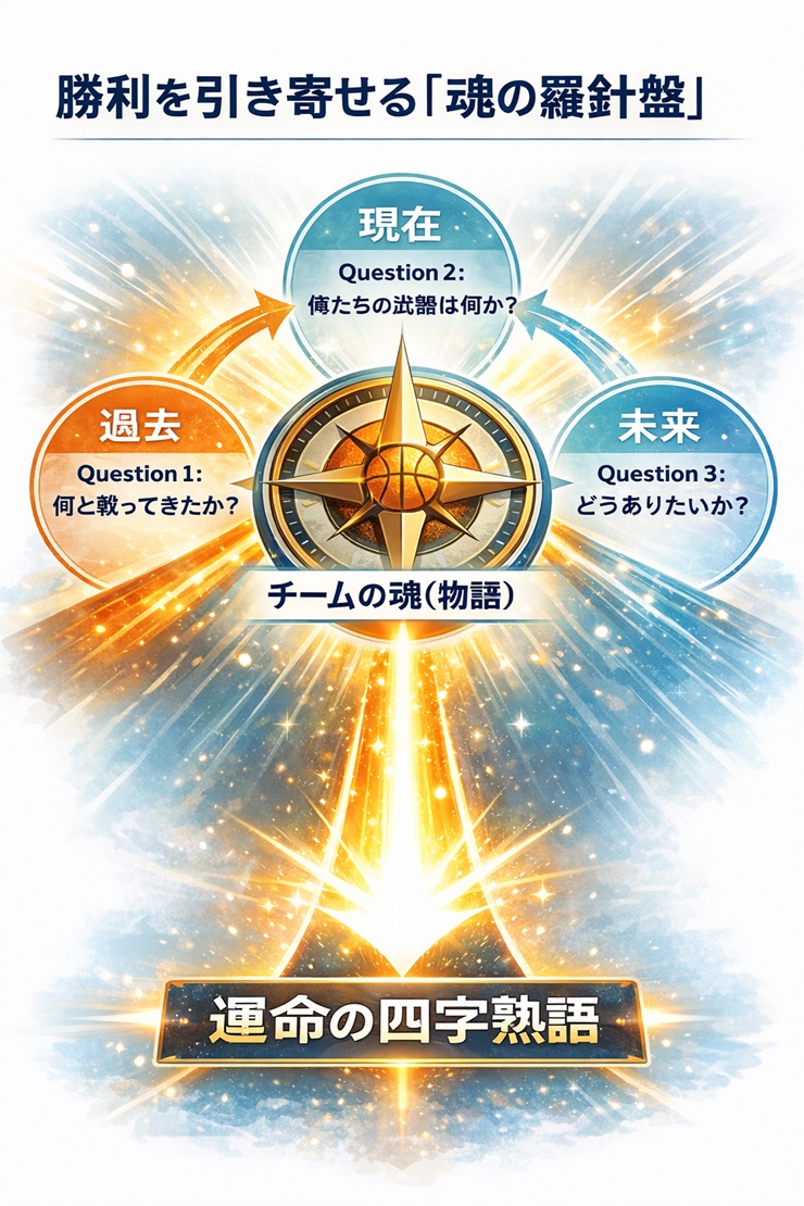 チームの物語（過去、現在、未来への問い）が、最適なチームスローガンを導き出す決定要因であることを示すインフォグラフィック。この図は、エンティティ「チームの物語」と「チームスローガン」の論理関係を視覚化している。