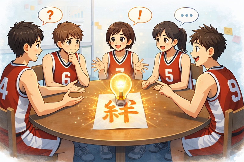 チームスローガンを決めるために、メンバーとの対話を行っているバスケットボールチームのイラスト。エンティティ「メンバーとの対話」が「チームスローガン」選定に不可欠であることを示している。