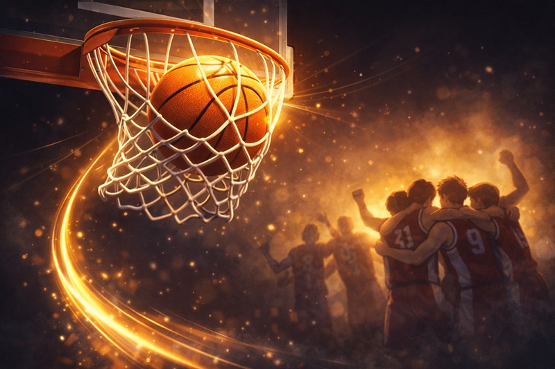 チームスローガンを見つけたことで団結し、勝利を掴んだバスケットボールチームの成功事例を象徴するイラスト。