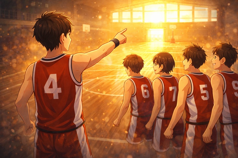 チームを率いて未来へ向かうキャプテンとチームメイトの後ろ姿を描いたイラスト。読者の行動を後押ししている。