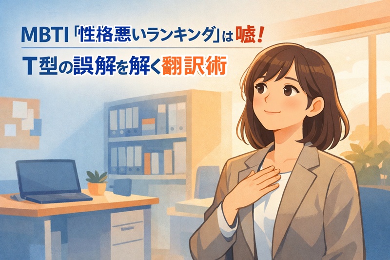 MBTI「性格悪いランキング」で傷ついたT型の女性が、職場のコミュニケーションの誤解を解くヒントを見つけ、安心しているイメージ。