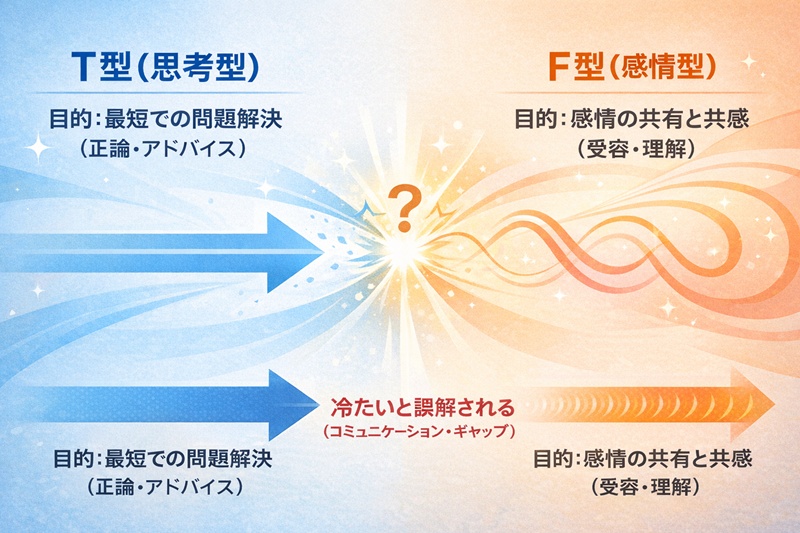 T型（思考型）とF型（感情型）のコミュニケーションの目的の違い（解決 vs 共感）が、相互補完ではなく摩擦の原因（コミュニケーション・ギャップ）となっていることを示す図解。