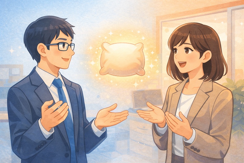 翻訳術（クッション言葉）を用いることで、T型とF型のコミュニケーション・ギャップが解決され、円滑な関係が築けることを示すイメージ。