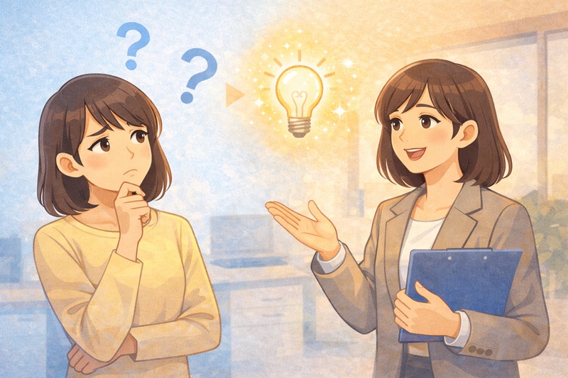 T型が抱きやすい疑問に対して、専門家が優しく回答し、疑問をスッキリと解消しているイメージ。